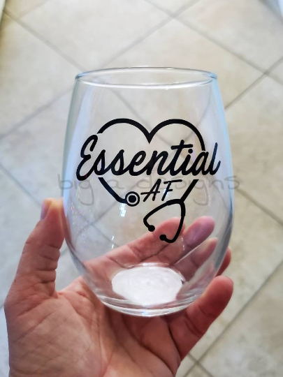 ESSENTIAL AF with stethoscope stemless wine glass gift for nurse doctor medical 